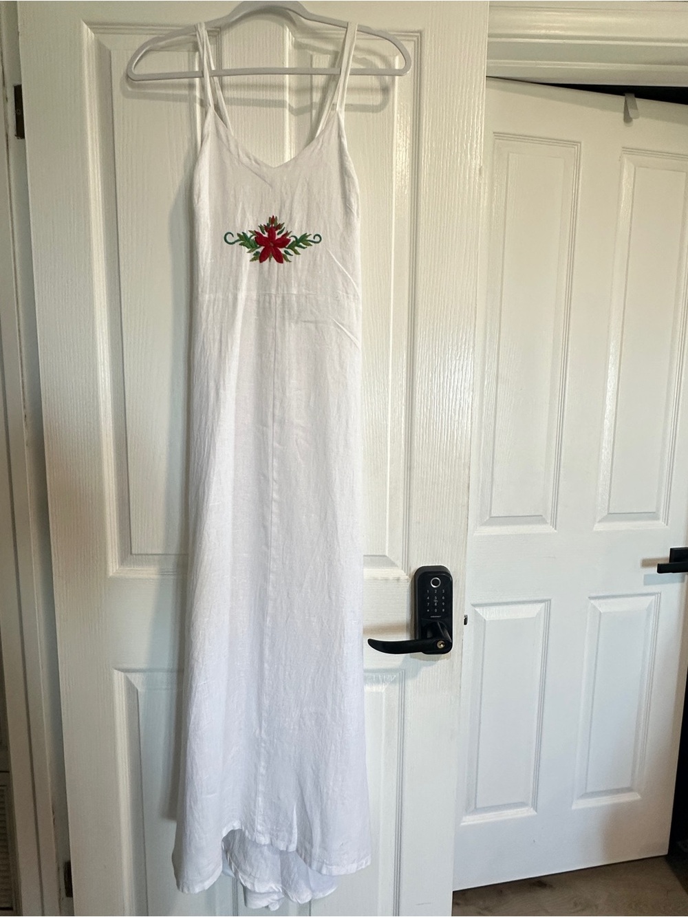 Reformation White Maxi Linen Dress with Red & Green Embroidery